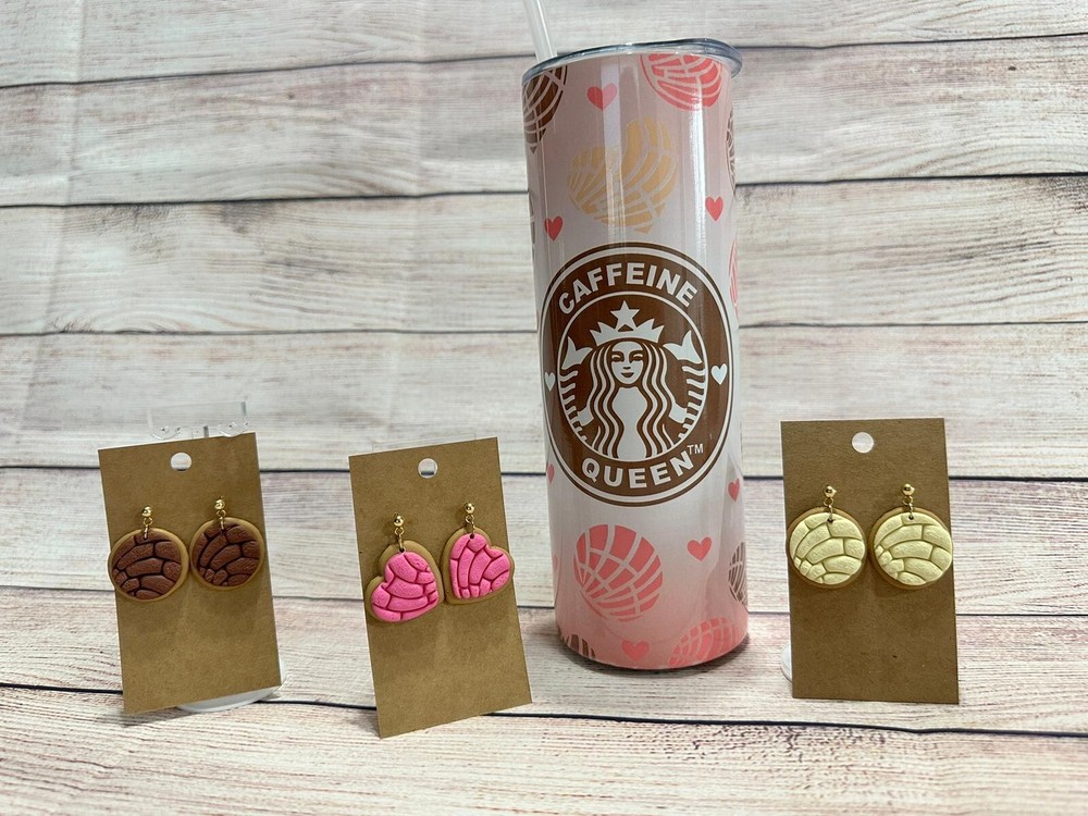 Valentines Day Gift for Her Conchas Pan Dulce Mexican Earrings + Skinny Tumbler-image