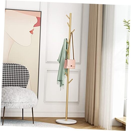 Gold Metal Freestanding Coat Rack with Branch Design Hooks in Gold-White Finish