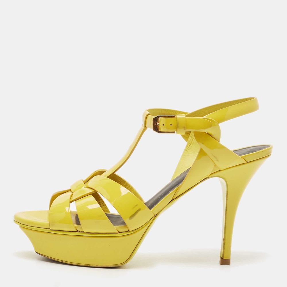 Saint Laurent Yellow Patent Leather Tribute Platform Sandals Size 37