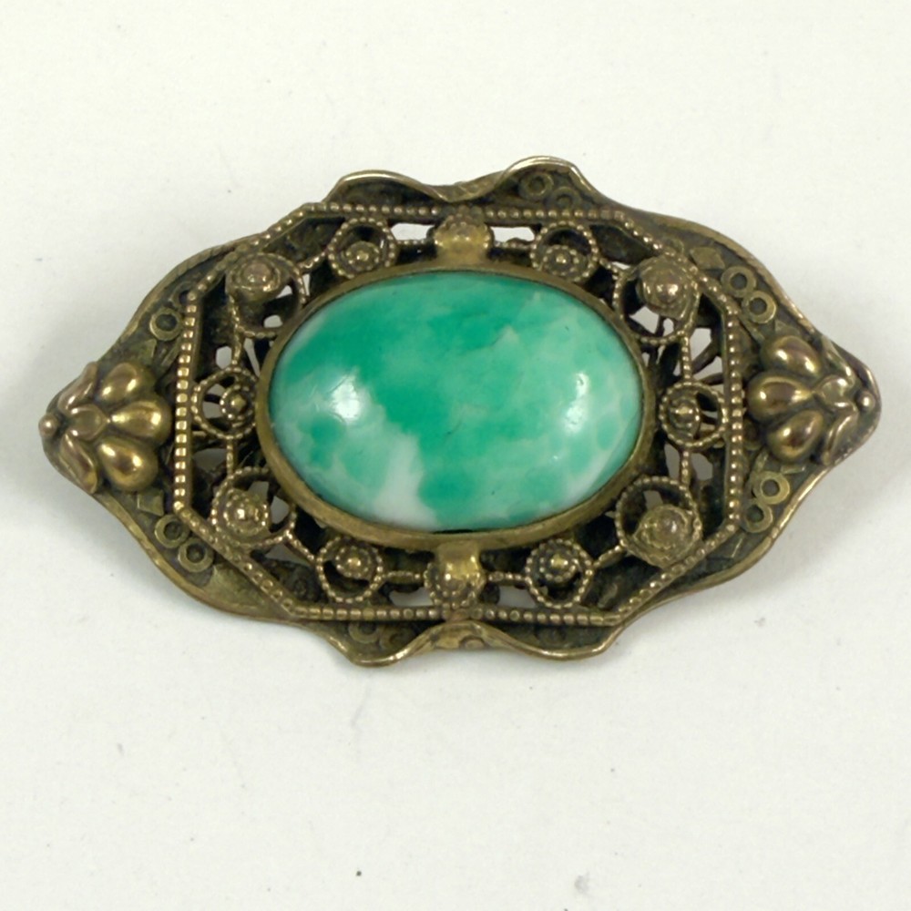 Vintage Green Peking Glass Cabochon Brass Filigree Brooch Pin