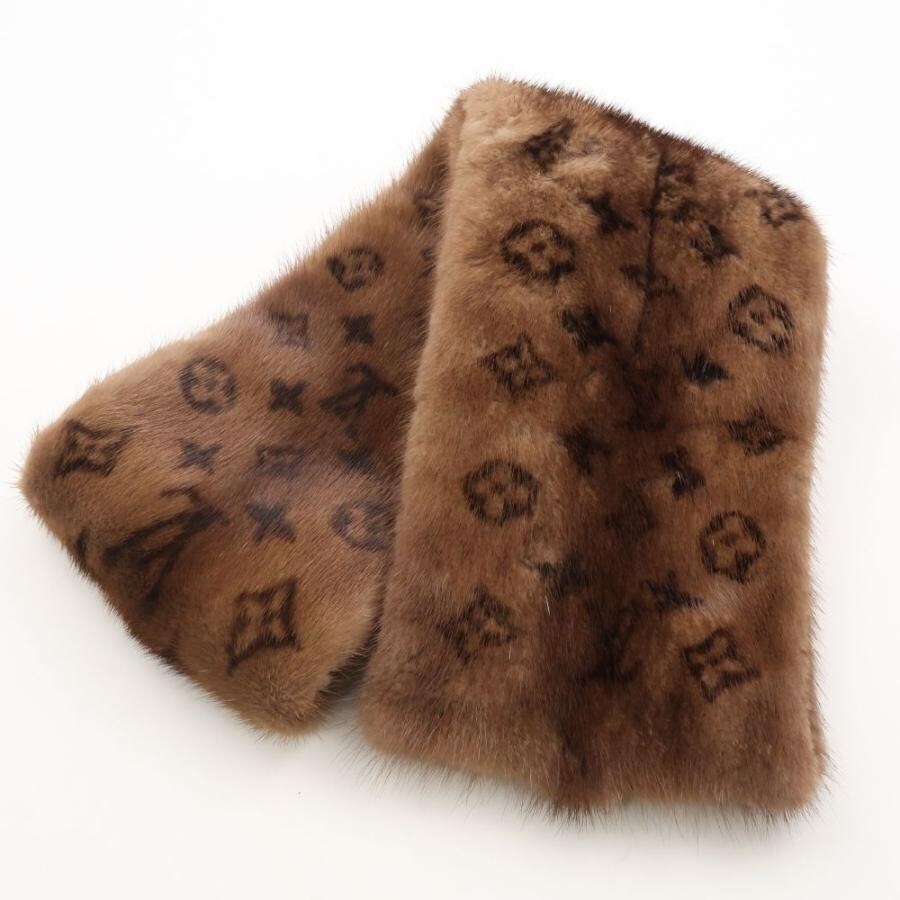Authentic Louis Vuitton Monogram Écharpe Visón Mink Silk Scarf Brown M78744