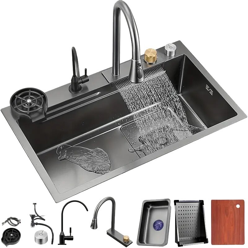 Stainless Steel Kitchen Sink with Waterfall Feature Pull-Out Faucet & Cup Washer
