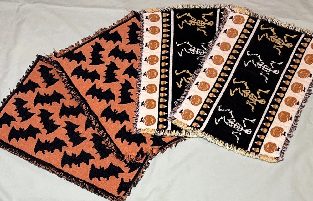 Vintage Halloween Tapestry Placemats Skeletons ,Pumpkins & Bats Lot Of 4