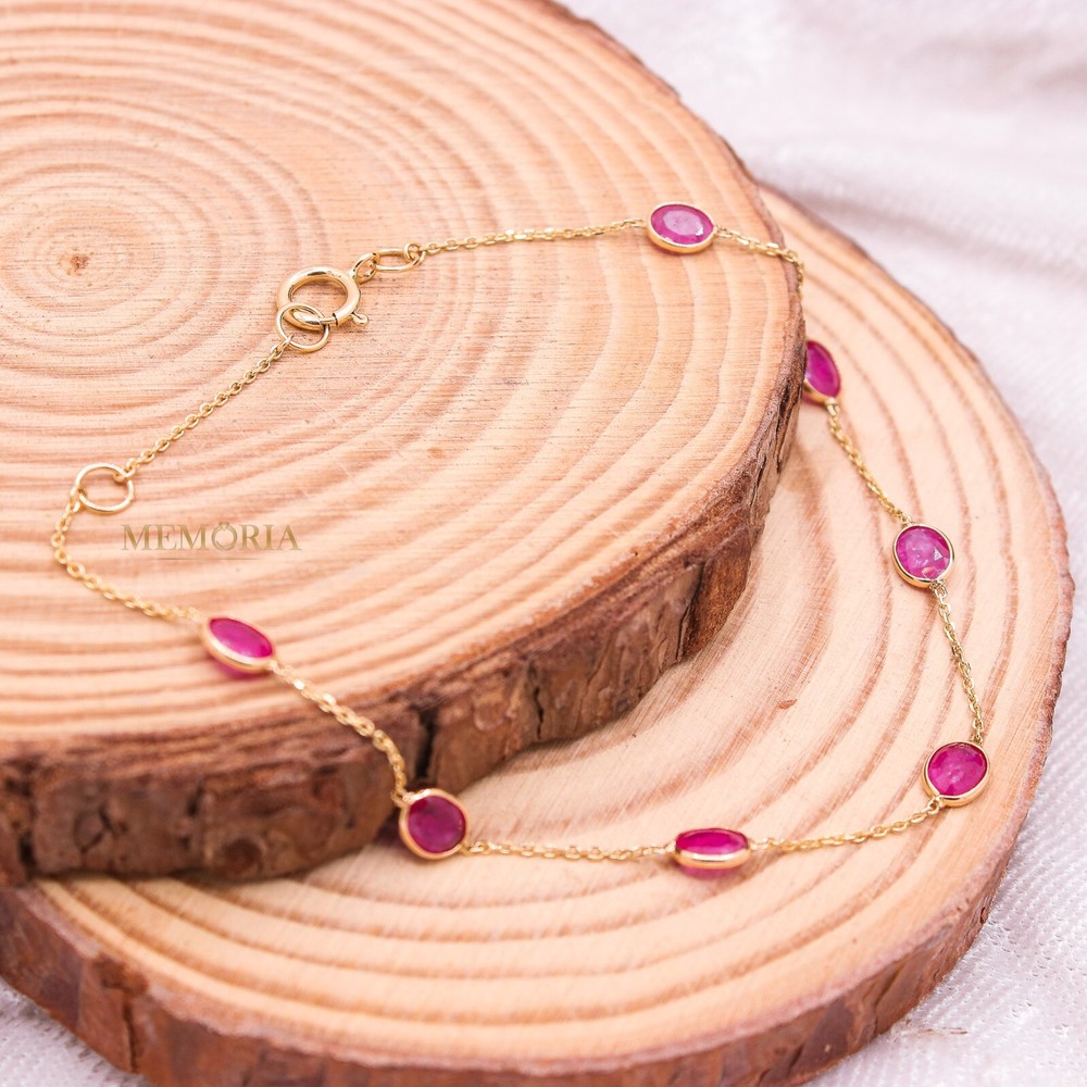 Natural Ruby Gemstone 18k Yellow Gold Chain Minimalist Bracelet Christmas Sale-image