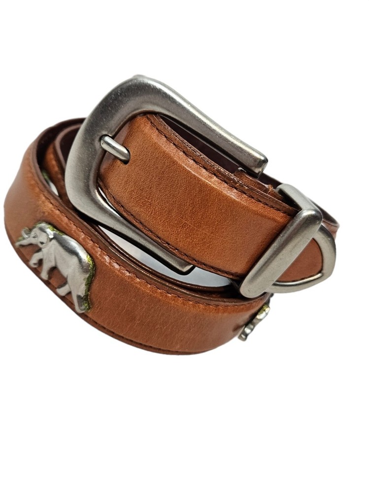 Unisex Large Tan Leather Belt with Silver Safari Animal Studs Genuine