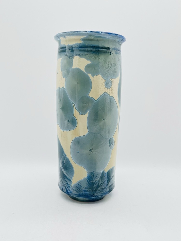 Crystalline Glaze Pottery Vase Blue & Tan Signed J&S Feltman