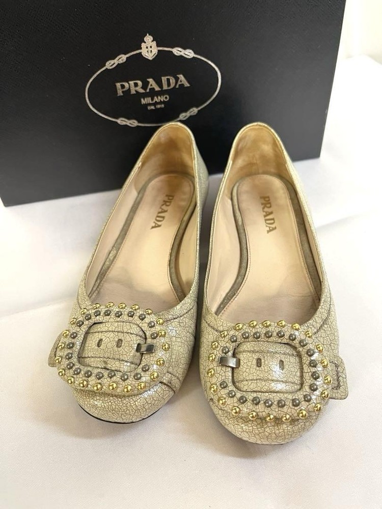 Prada Womens Ivory Leather Studded Buckle Flat Shoes 23cm with Box