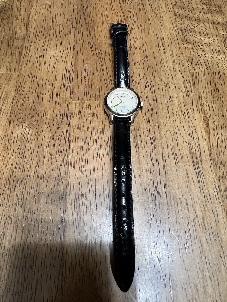 Timex Indiglo Women's Gold-Tone Watch with Black Leather Band & New Battery