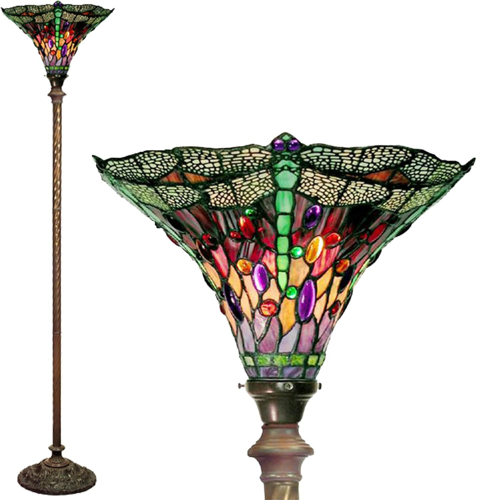 1509+BB75B Tiffany-Style Dragonfly Torchiere Floor Lamp, Purple