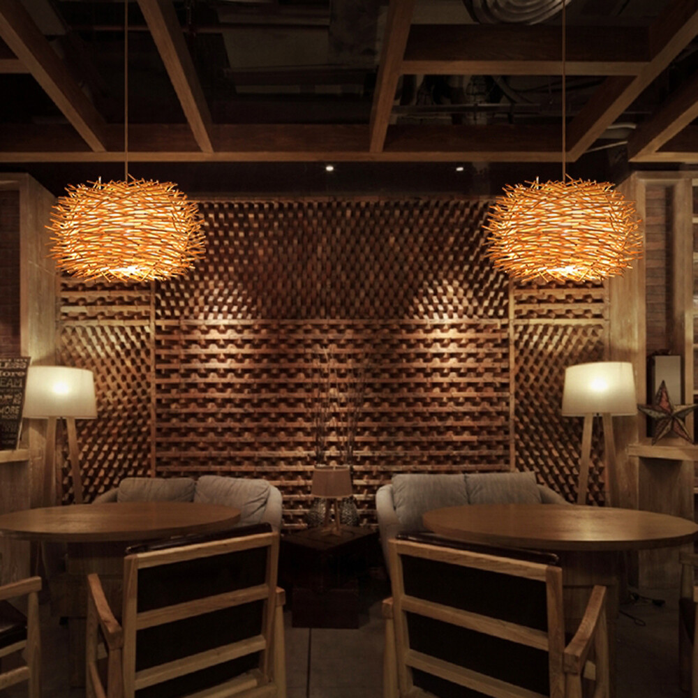 Wicker Rattan Shade Pendant Light Bird Nest Art Asian Hanging Ceiling Lamp
