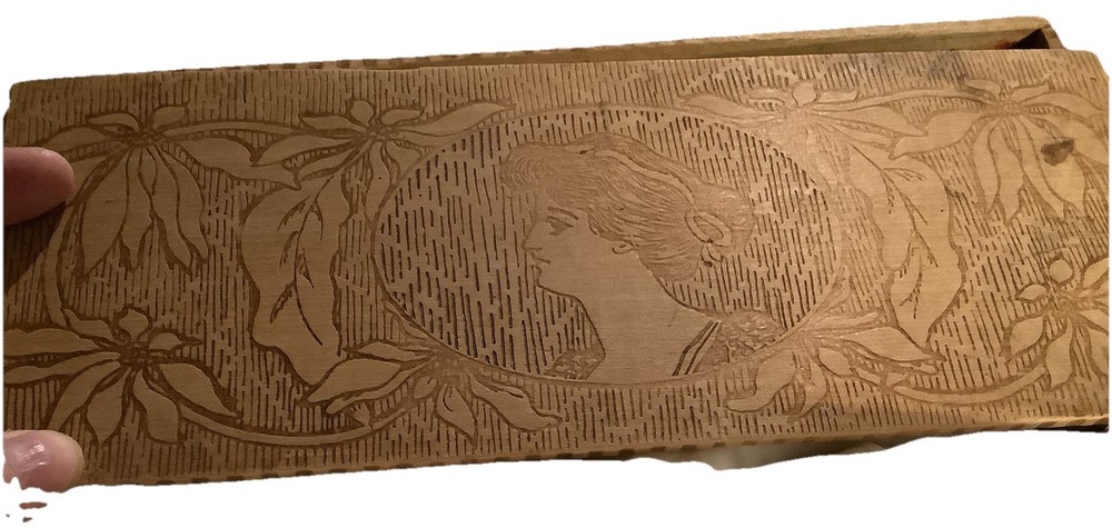 Antique Pyrography Embossed Wood Dresser Glove Box Floral Victorian Lady Art