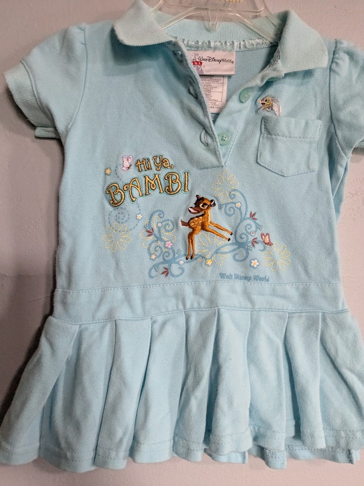 Disney World Baby Girl Blue Bambi Embroidered Polo Dress Size 6 Months