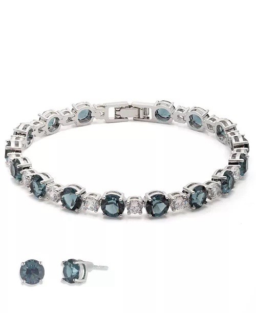 GIVENCHY  CRYSTAL STONE SILVER TONE FLEX BRACELET AND STUD EARRINGS TURQUOISE