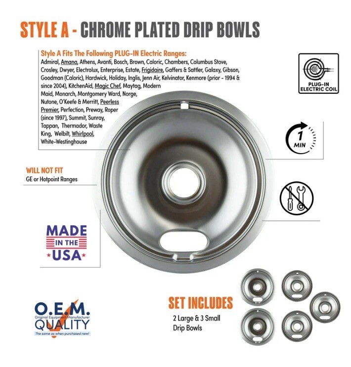 Range Kleen 12565X Style A Chrome Plate 3 Small and 2 Large Drip Bowl