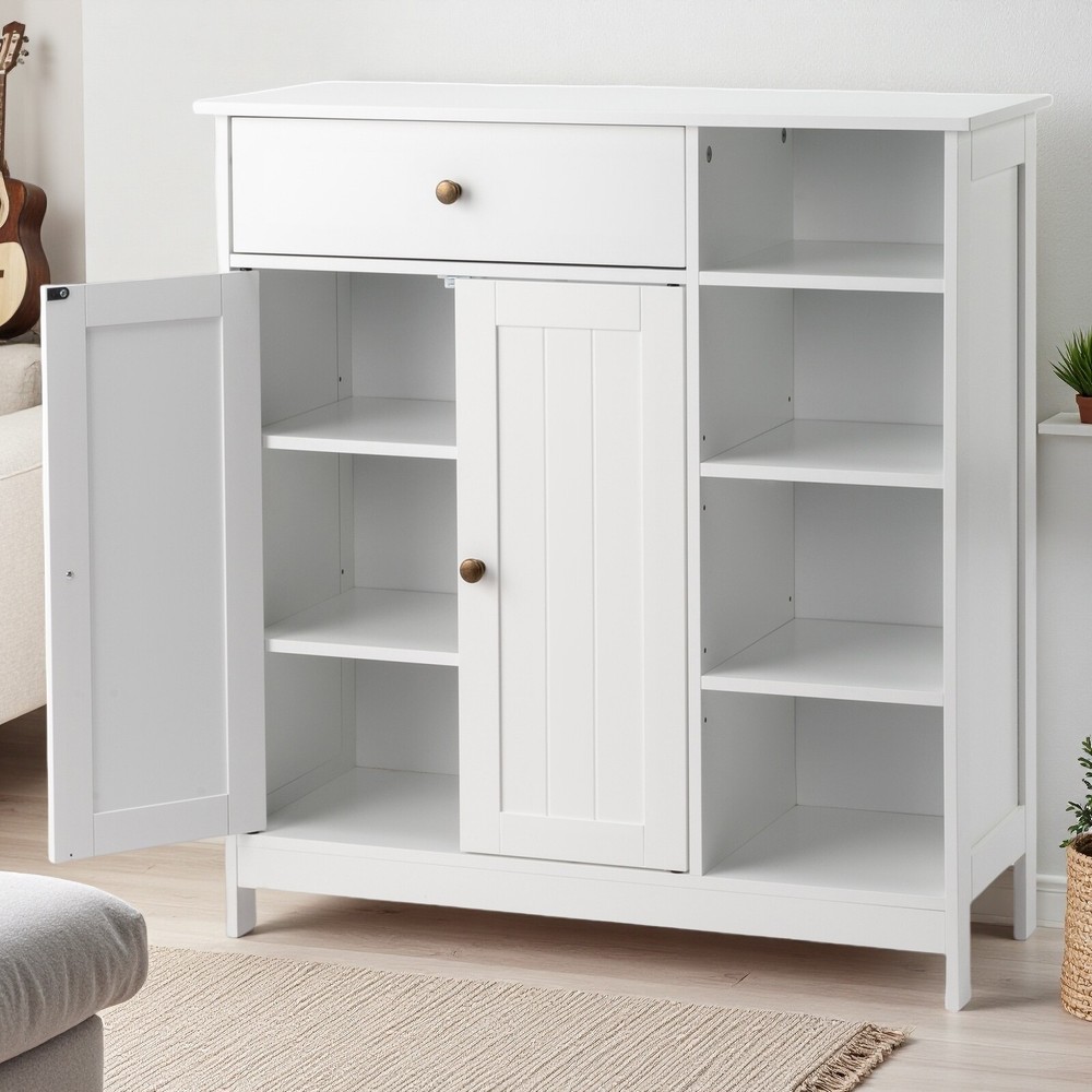 White MDF Drawer Storage Cabinet with Open Shelves and Vertical Grain Door