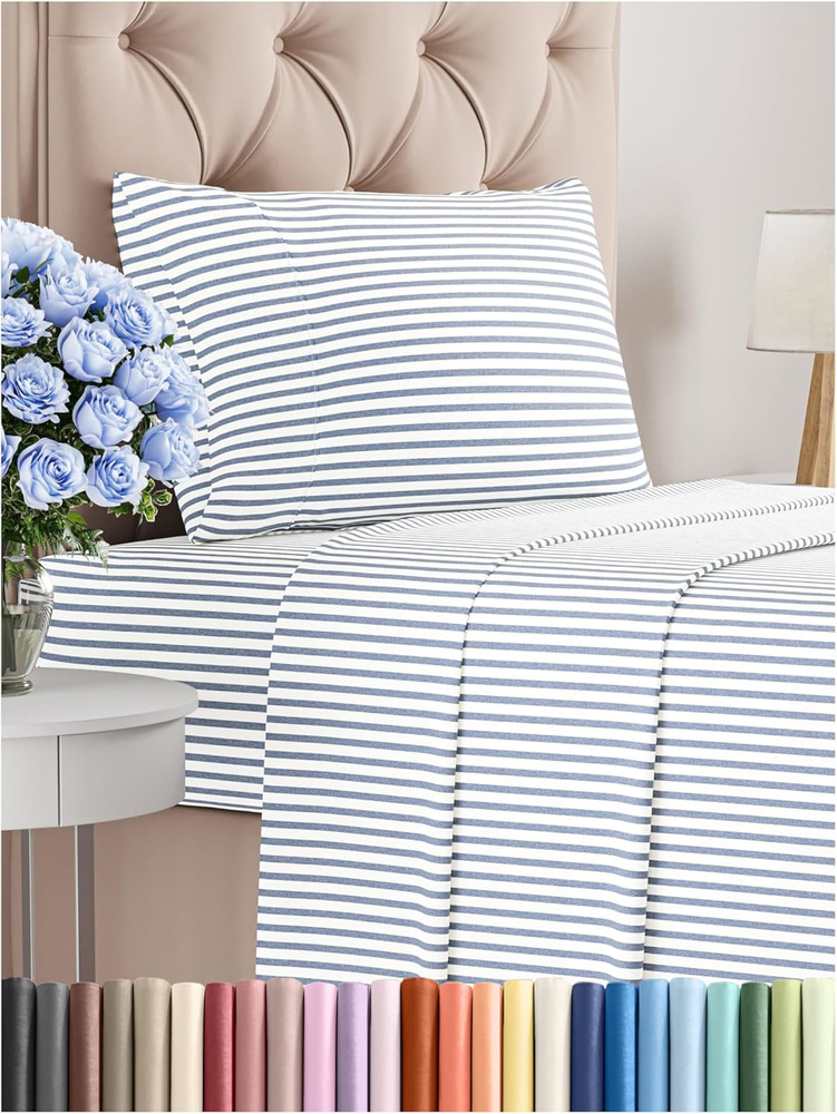 Twin XL Soft Cooling 3-Piece Sheet Set with Deep Pocket Blue Stripes