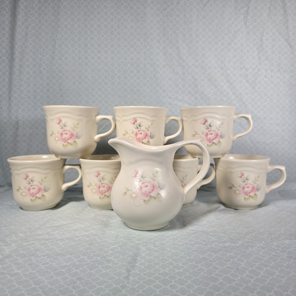 Pfaltzgraff Tea Rose Stoneware 7 Mugs and Creamer Set
