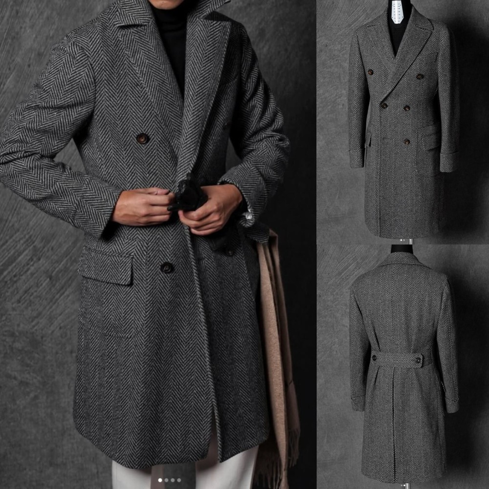 Tweed Overcoat Men's Wide Peak Lapel Double Breasted Long Jacket Black Blazer