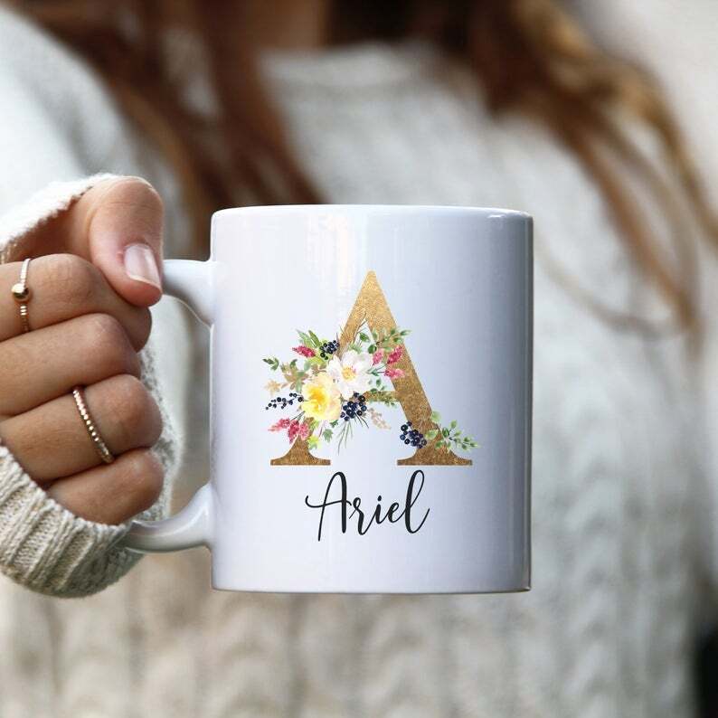 Personalized Initial Mug Gold Brown Initial With Flowers Mug Gift For Friend