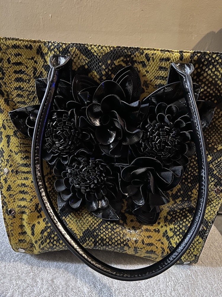 Frosting Mary Norton Yellow Black Snake Skin 3D Flower Tote Purse