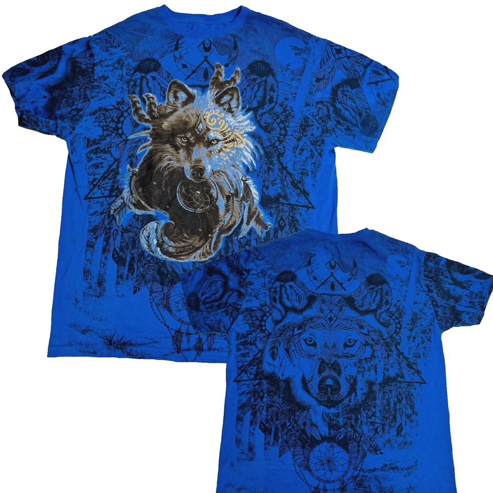 Wolf Tribal T Shirt Blue Crewneck Nature Dream AOP Short Sleeve Shirt Mens XL