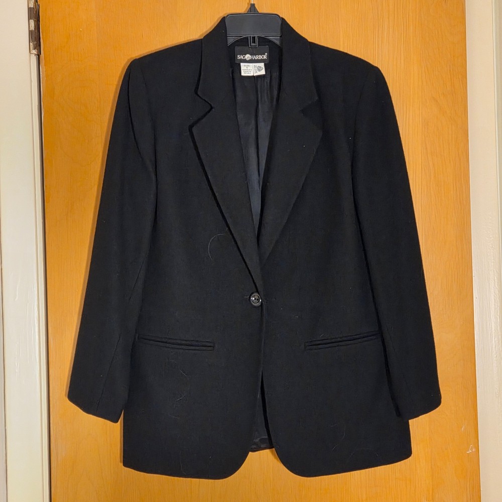 Vintage 90s Women's Black Blazer 100% Wool Sag Harbor Size 8 Lined Single Button