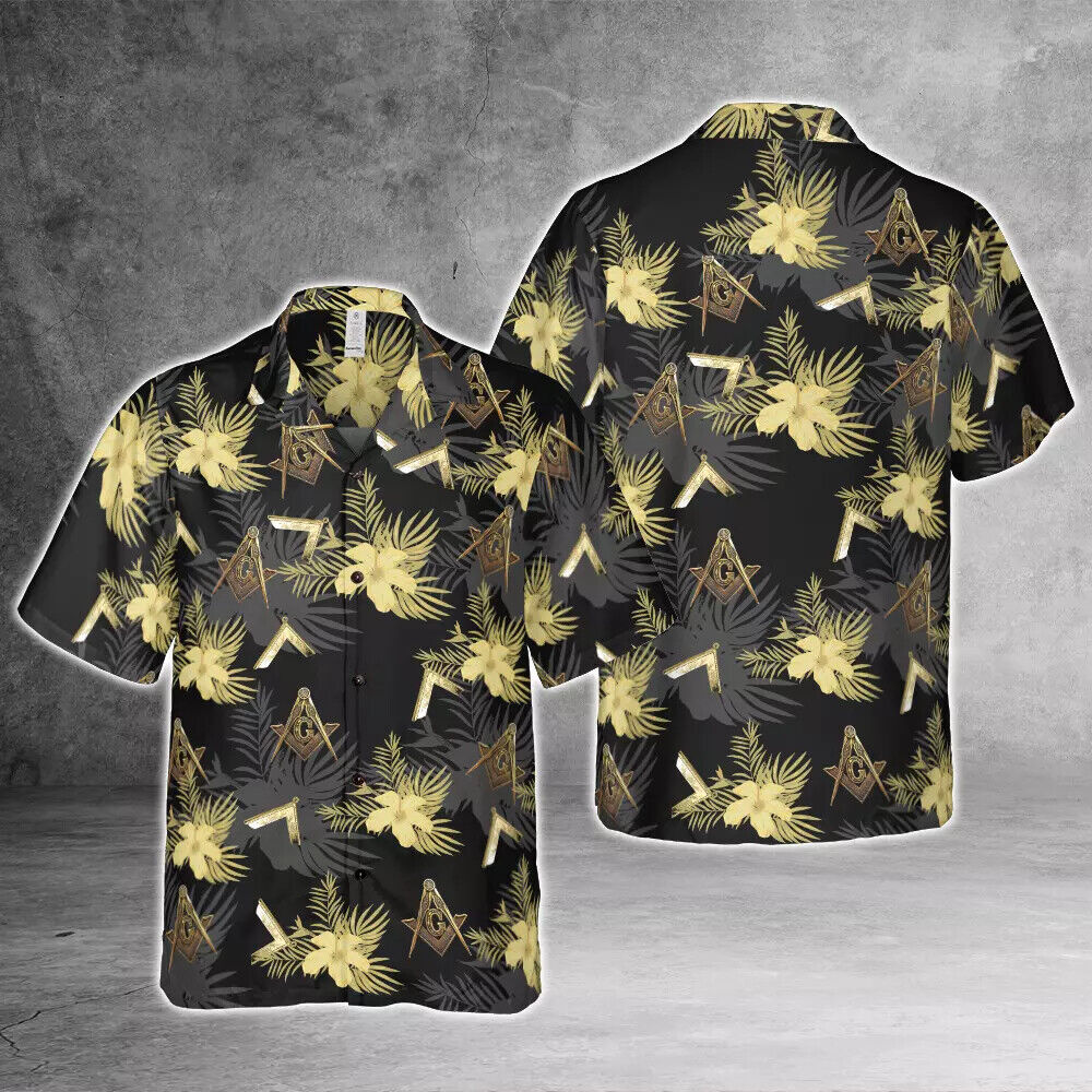 Golden Masonic Square Compass White Hibicus Royalty 3D Hawaiian Shirt Size S 5XL