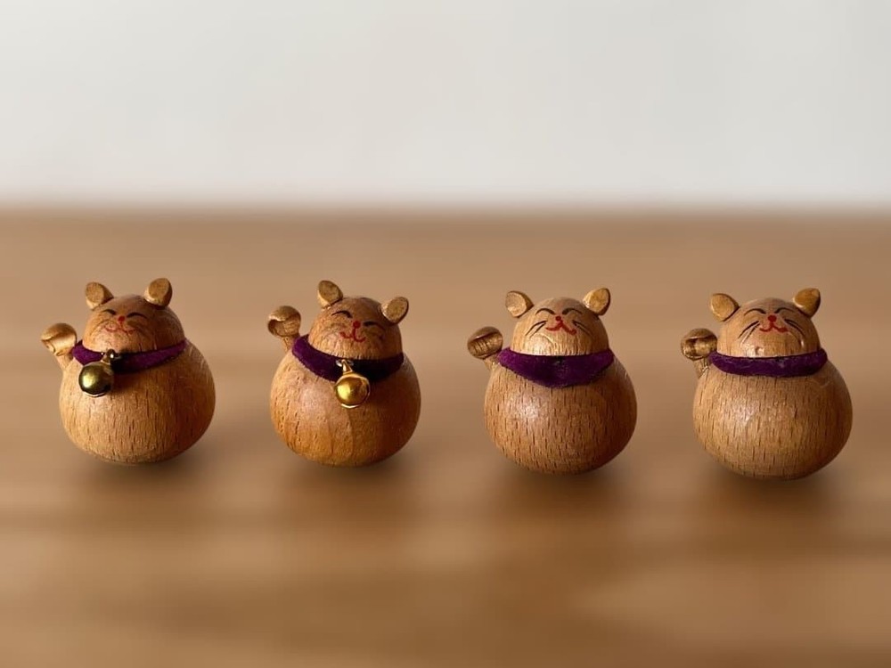 Lucky Cat Nara Oak Wood Wobble Toy with Bell Handmade Unique Decor Used