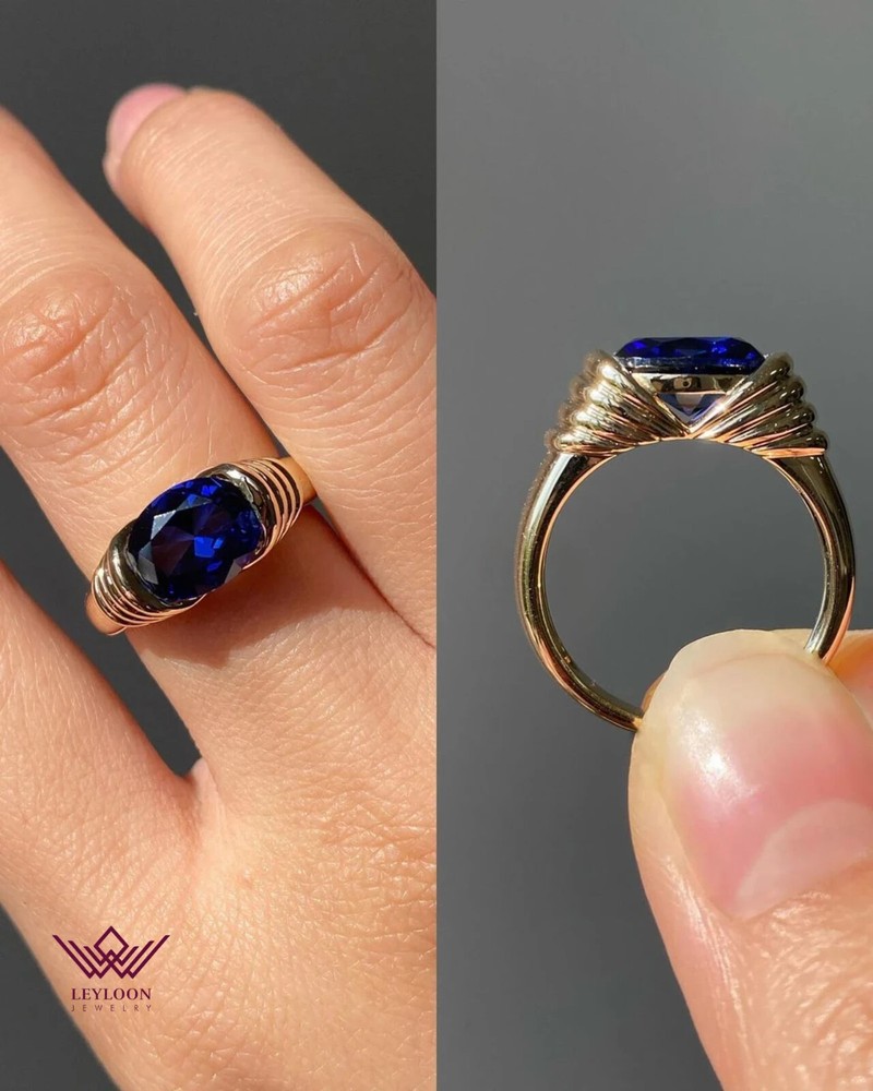 Oval Cut Blue Color Solitaire Tension Tapered Band Lab Grown Sapphire 10K Ring