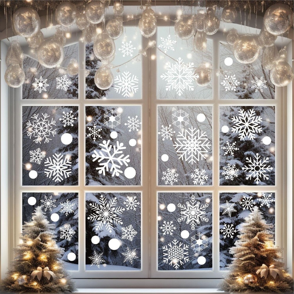 White Snowflakes Window Clings - 8 Sheets 152 Pcs Christmas Snowflake Window ...