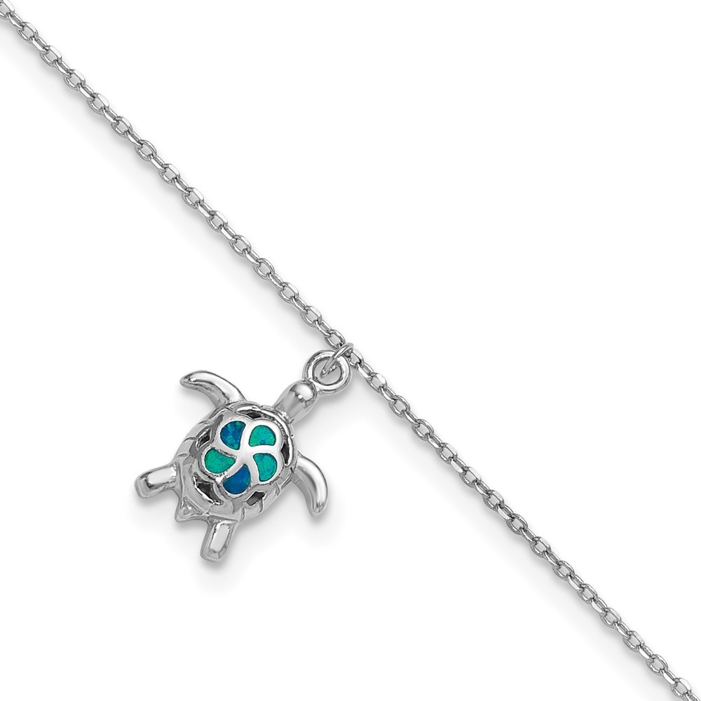 Sterling Silver Shiny Lab-Created Opal Turtle Anklet 9 Inch with 1 Inch Extension