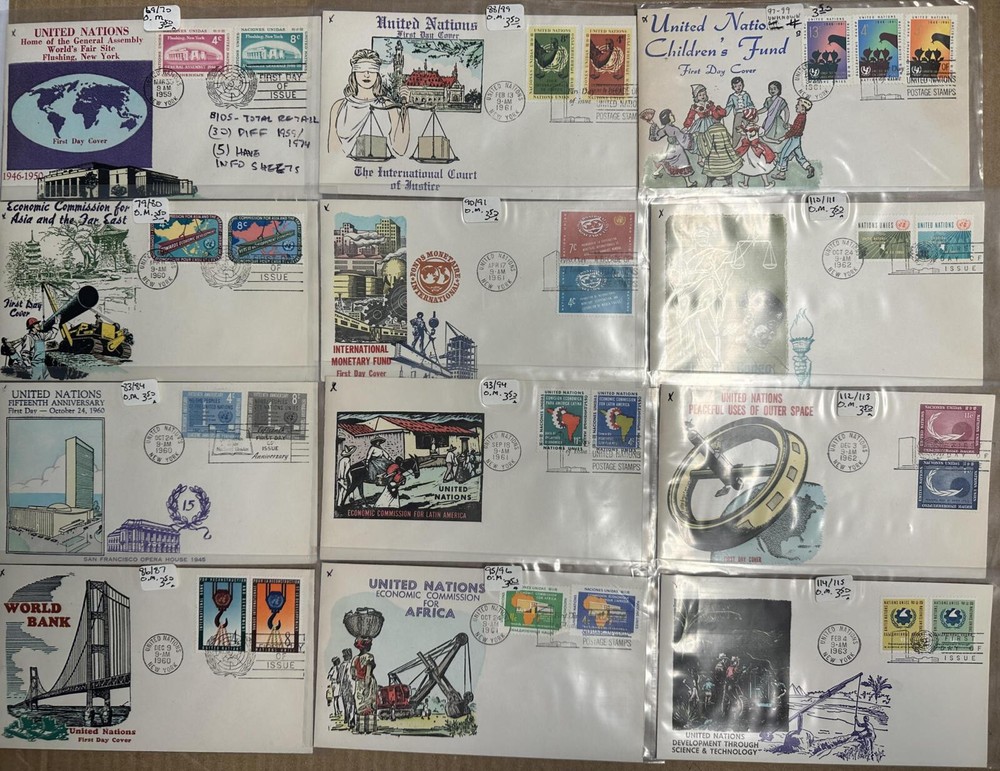U.N. FDC COLLECTION UNITED NATIONS BETTER LOT 30 DIFFERENT OVERSEAS MAILER $105