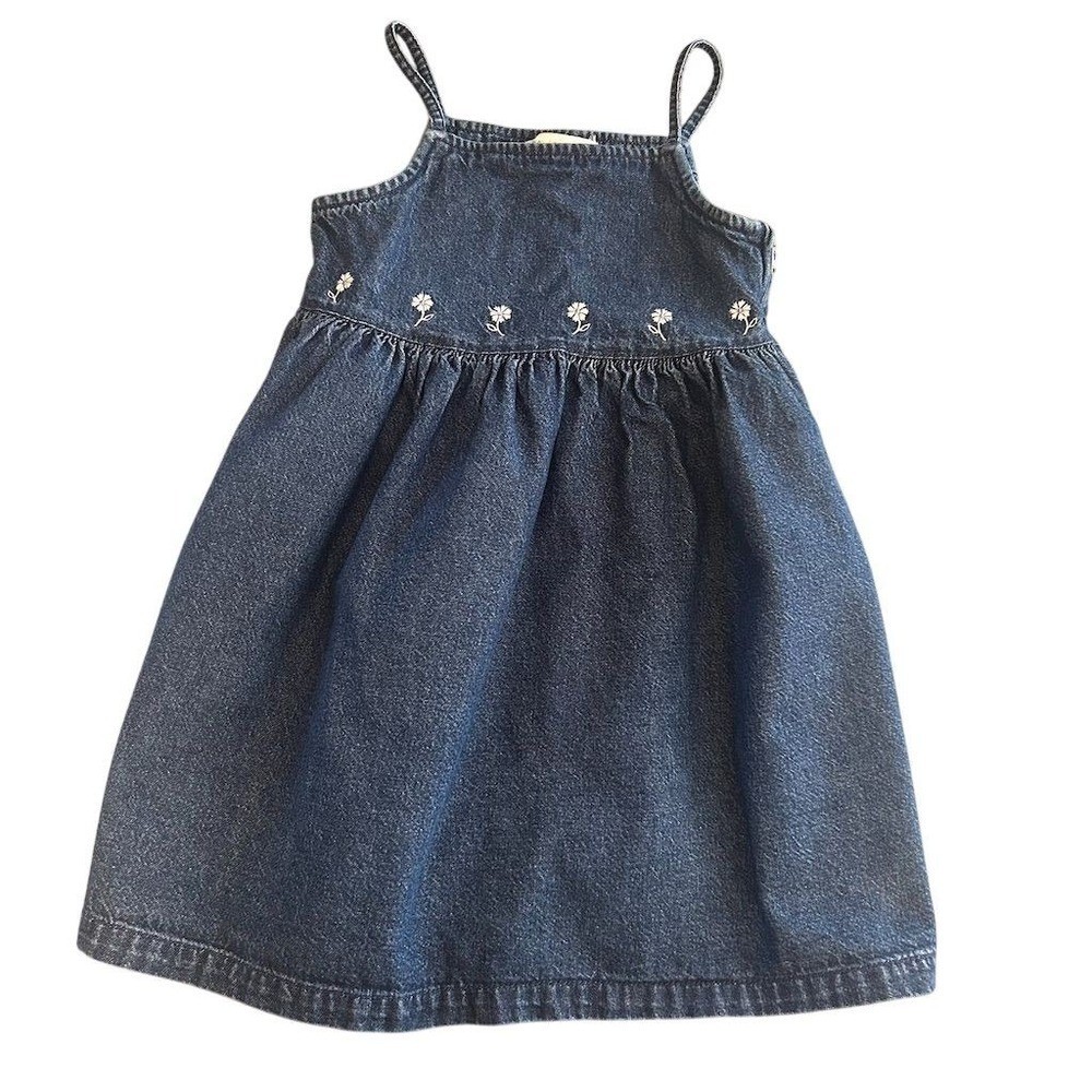 VTG Y2K Gymboree Denim Dress Floral Embroidery Strappy ALine 3T 4T Rainbow Tag