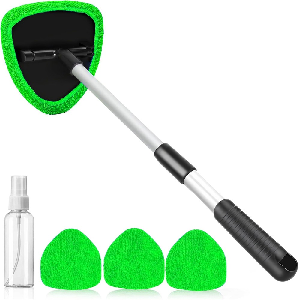 Car Window Cleaner Kit with 4 Microfiber Pads & Extendable Handle