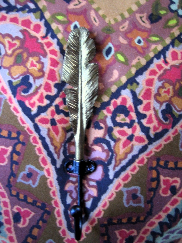 Small brass feather boho coat hook French country romantic decor