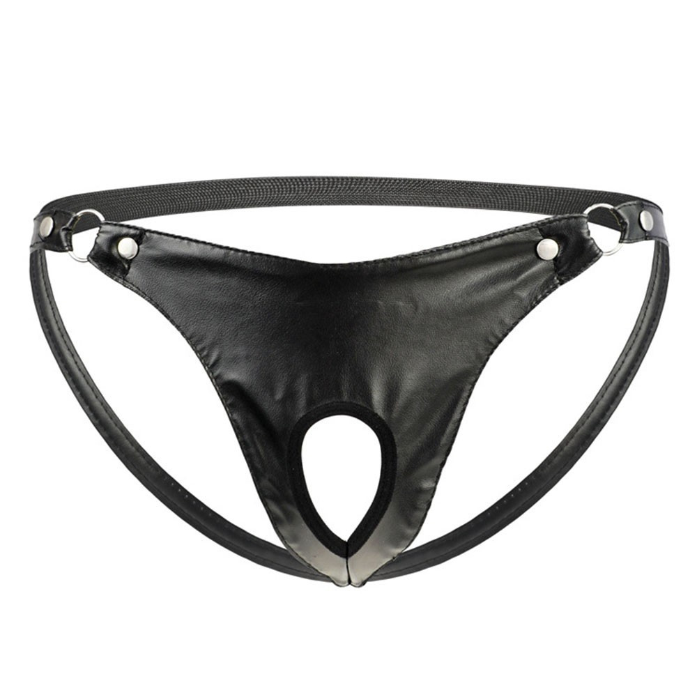 1× Men Sexy Underwear Artificial Leather Metal Ring Thong Jock Strap Underpants