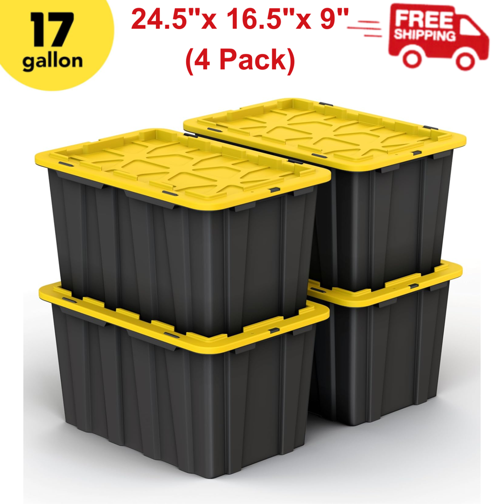 17 Gallon Black Plastic Storage Bin Set of 4 with Snap Lid