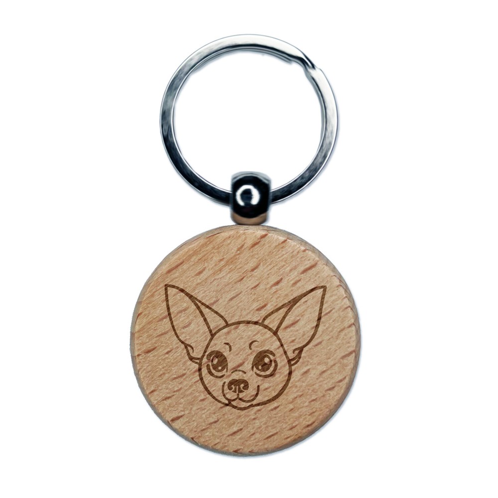 Chihuahua Dog Head Engraved Wood Round Keychain Tag Charm