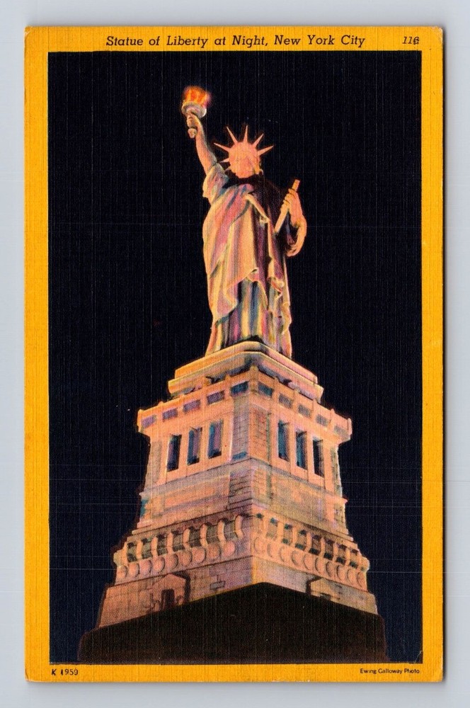 Vintage 1952 NYC Statue of Liberty Night View Postcard