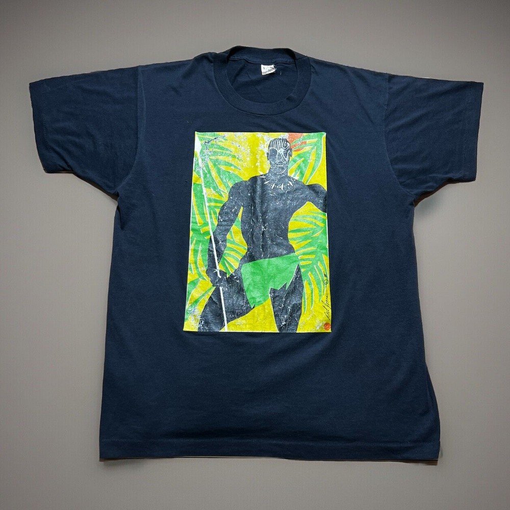 Vintage 80s Rick Jones Black Panther African Warrior Art Print Shirt Size Large