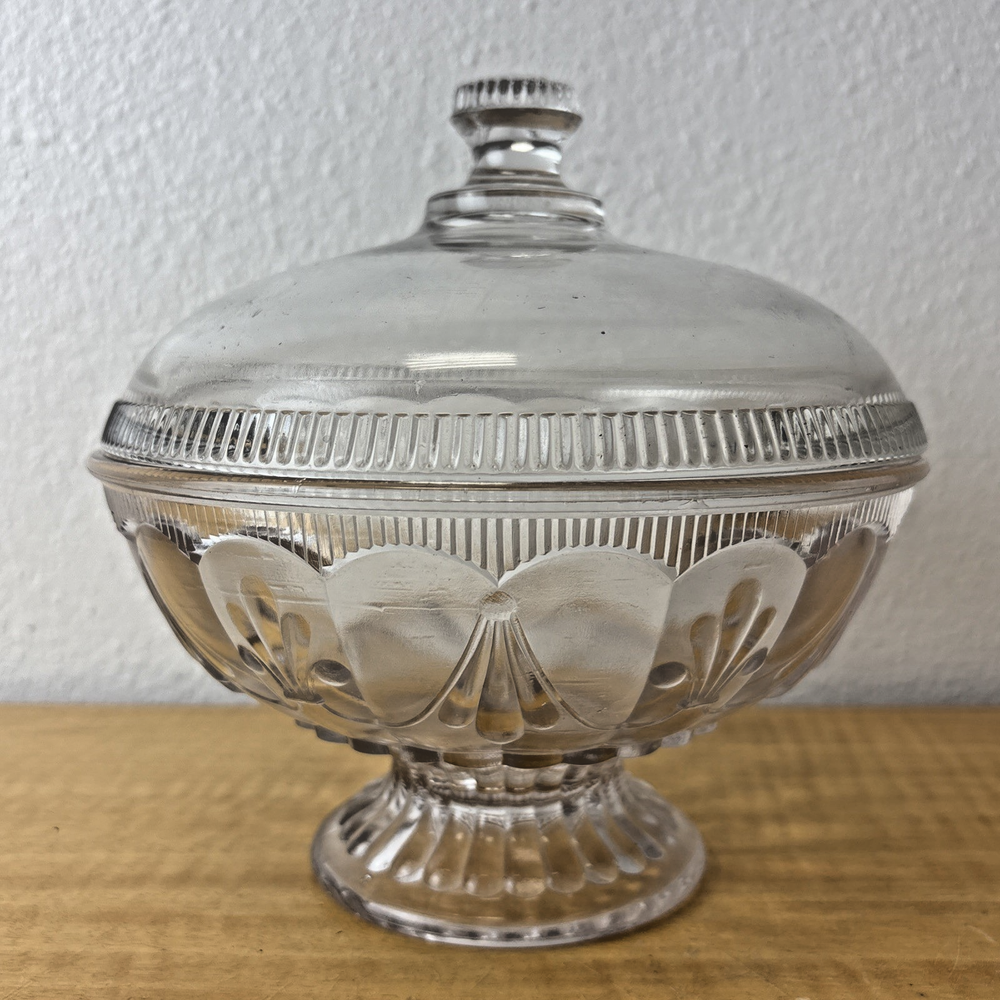 19th Century Vintage Glass Compote with Lid and Stripe Trim Possibly EAPG  