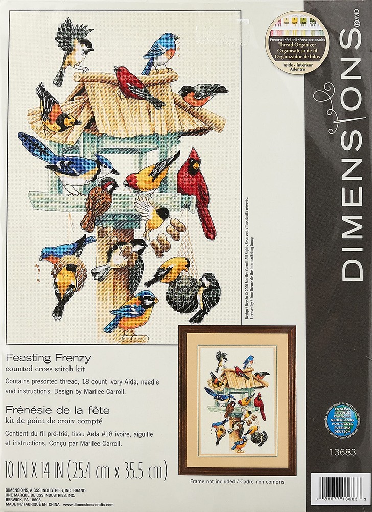 'Feasting Frenzy' Birds Counted Cross Stitch Kit, 18 Count Ivory Aida, 10'' x...