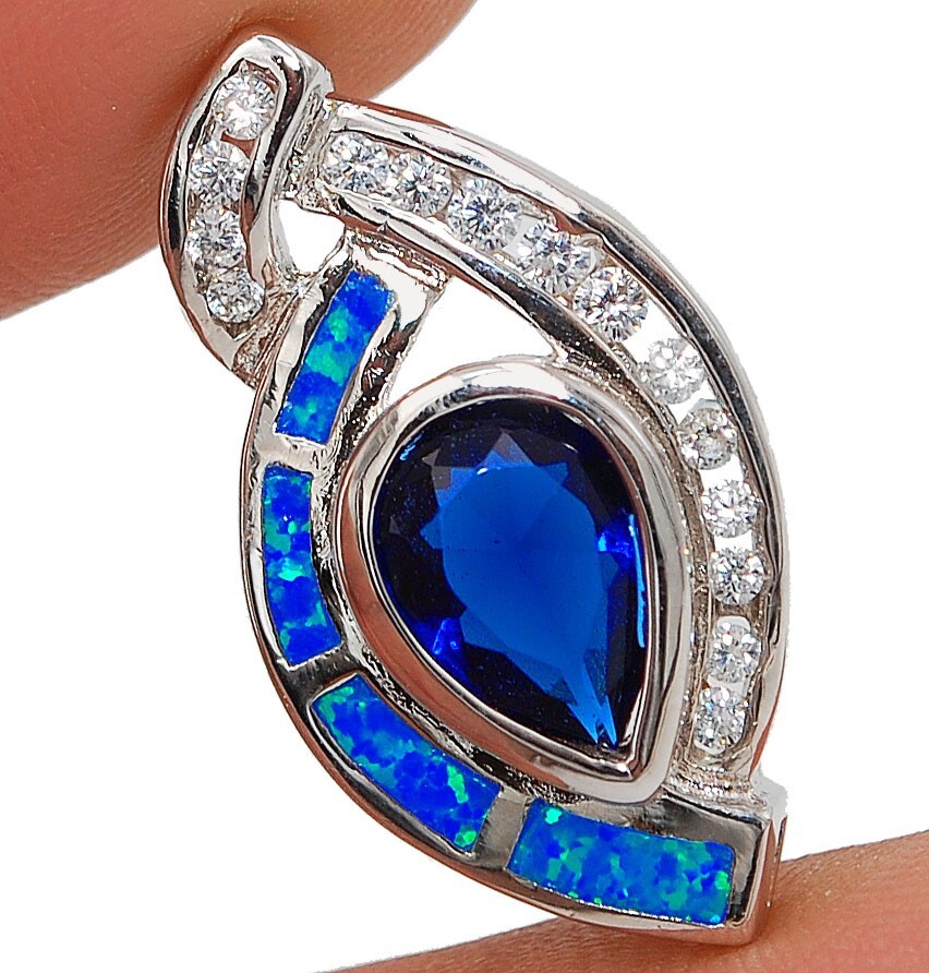 2CT Treated Blue Sapphire & Australian Opal Inlay 925 Sterling Silver Pendant