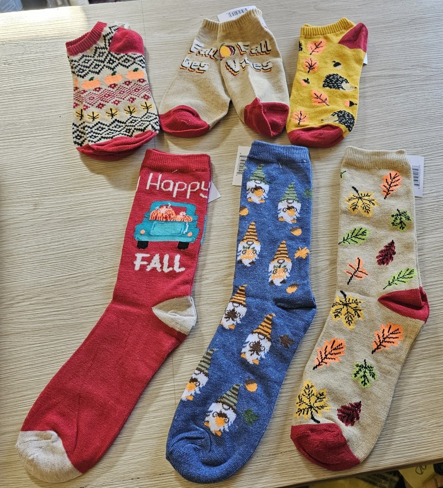Fun Ladies Cute Fall Socks 6pk Ankets And Crew Socks Shoe Size 4-10 Polyester