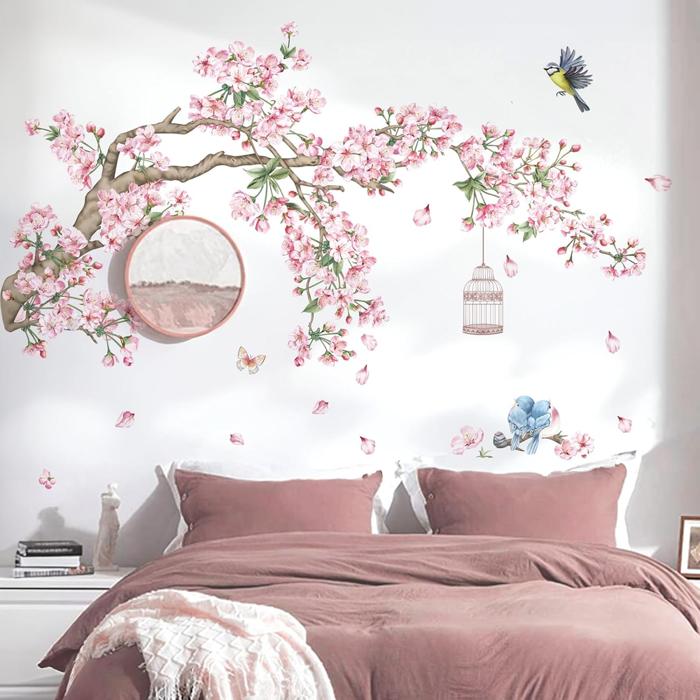 Cherry Blossom Tree Branch Wall Decals Pink Flower Birds Wall Stickers Bedroom L