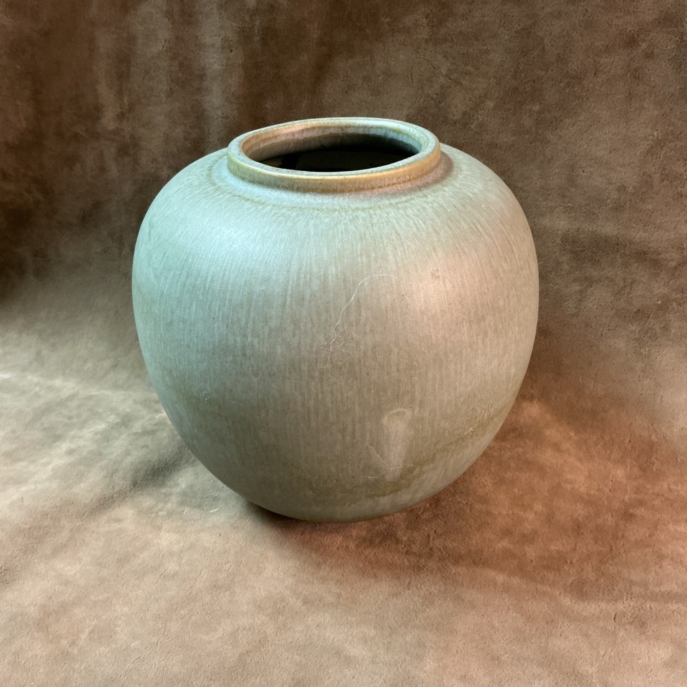 Vintage art pottery Bulbous vase with green Vellum glaze signed on the bottom