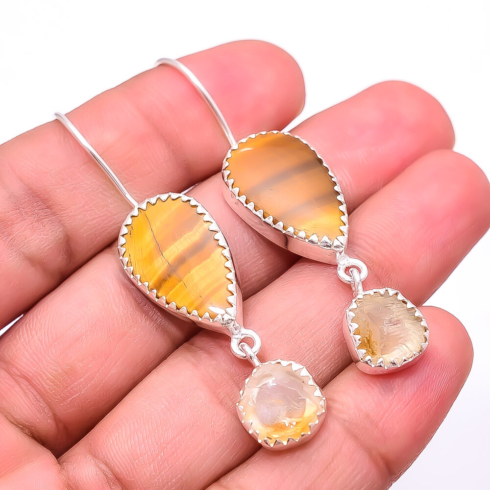 Yellow Tiger Eye and Rough Citrine Sterling Silver Dangle Earrings 2.15 Inches  