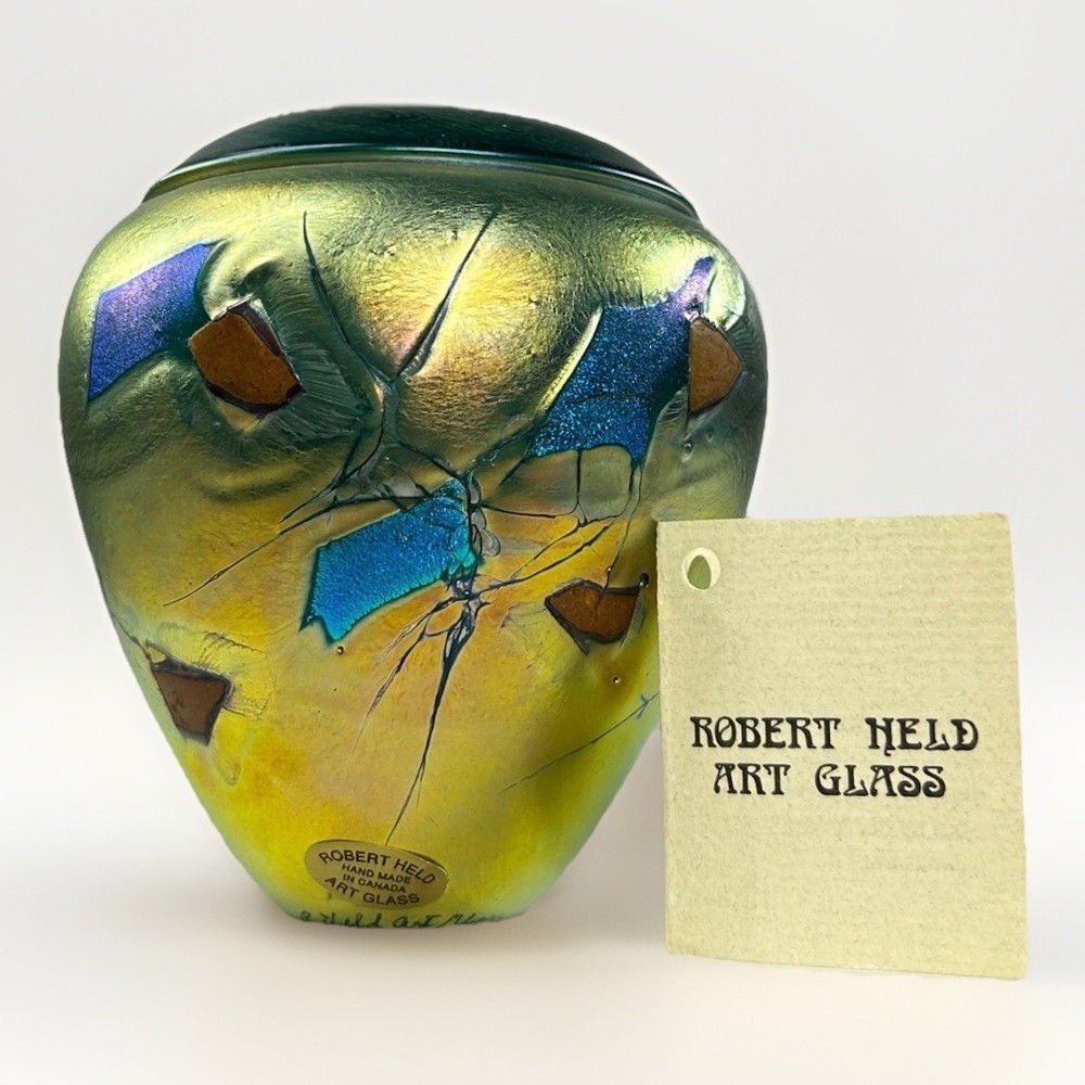 Robert Held Art Glass Hand Blown Ginger Pit Vase SIGNED Gold Mixed Media Mosaic