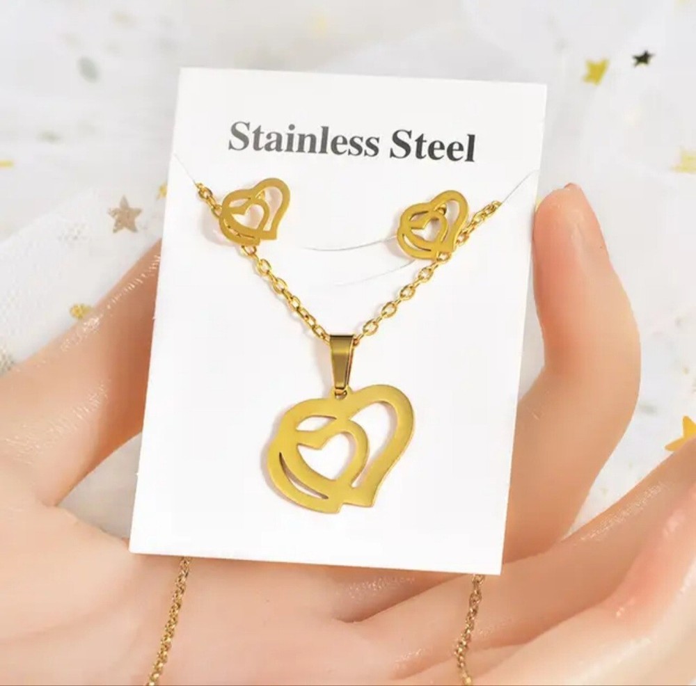 Gold Plated Stainless Steel Heart Necklace & Earrings Jewelry Set