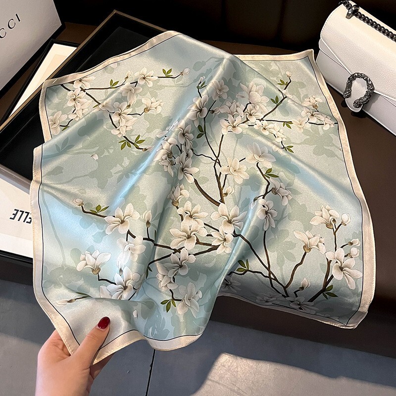 100% Silk 21-Inch Square Scarf Blue Floral Bandana Wrap for Women
